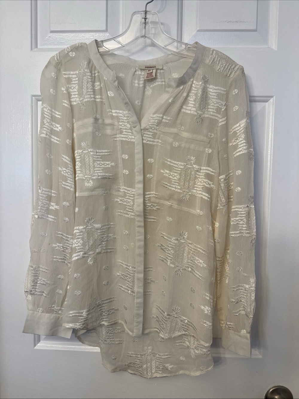 Sundance Silk Blouse Embroidered Sheer Button Down Ivory Size XS Boho Chic